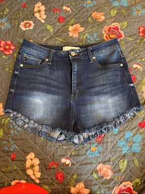 KanCan Dark Blue Frayed Hem Denim Shorts